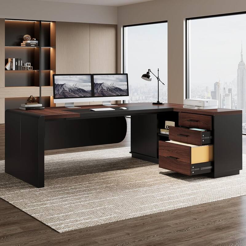 80'' L-Shaped Desk, Large Executive Office Desk with 55'' Drawers Cabinet