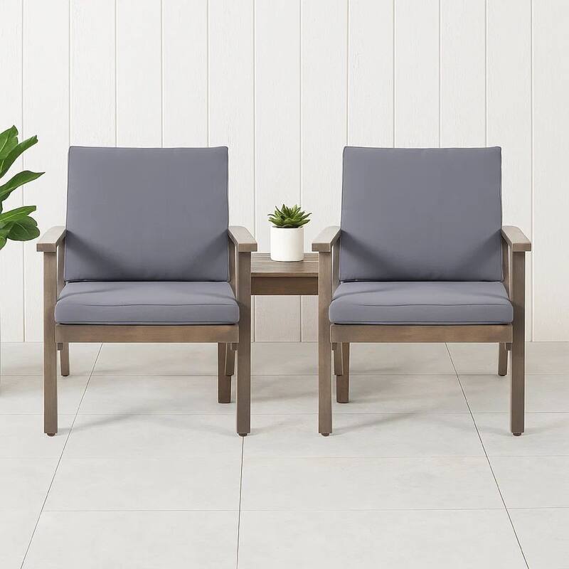 Elin Outdoor Club Chair Set of 2, Acacia Wood Frame, Gray Cushions