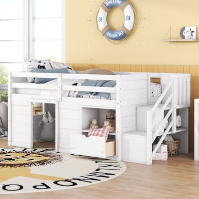 Twin Bed Solid Wood Twin Size Low Loft Bed with Stair, Drawer and Shelf