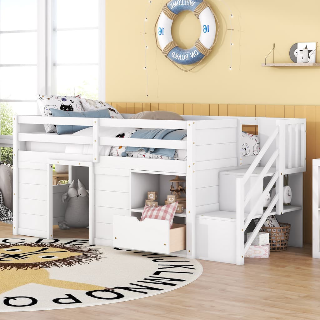 Twin Bed Solid Wood Twin Size Low Loft Bed with Stair, Drawer and Shelf