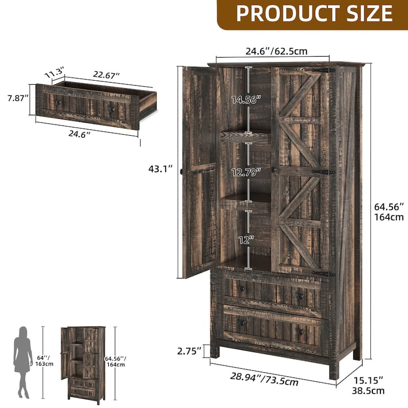 64" Farmhouse Tall Kitchen Pantry Storage Cabinet with 2 Drawers & Doors