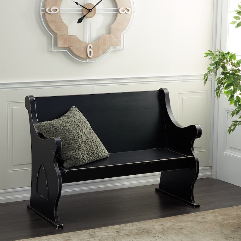 Black Wood Storage Bench with Scrolled Armrests - Black