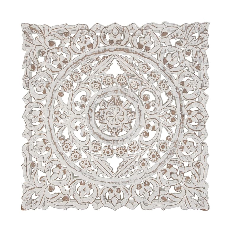 White Wooden Handmade Intricately Carved Floral Home Wall Decor with Mandala Design