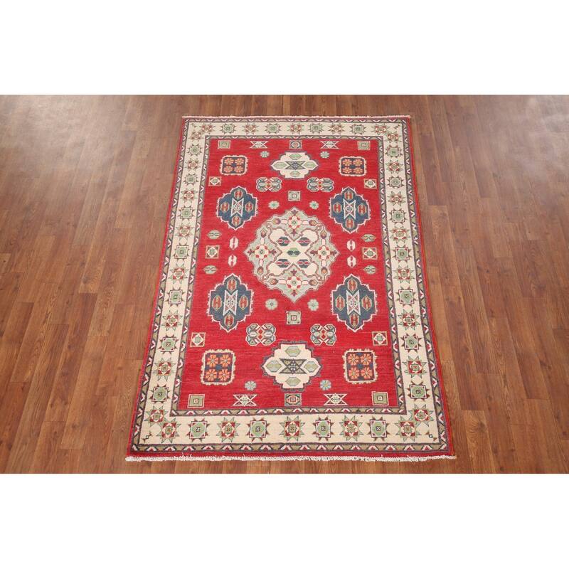 Geometric Red Kazak Accent Rug Hand-Knotted Bedroom Wool Carpet - 3'10" x 5'10"