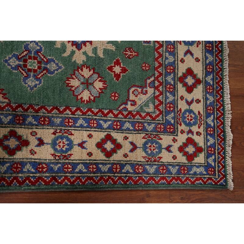 Green Geometric Kazak Oriental Accent Rug Handmade Wool Carpet - 3'4" x 4'10"