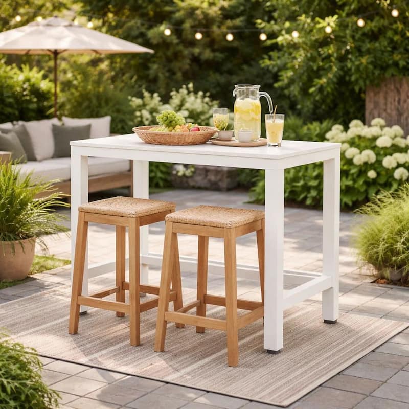 Kylo 59 Inch Outdoor Bar Height Table, White Aluminum Frame, Plank Surface