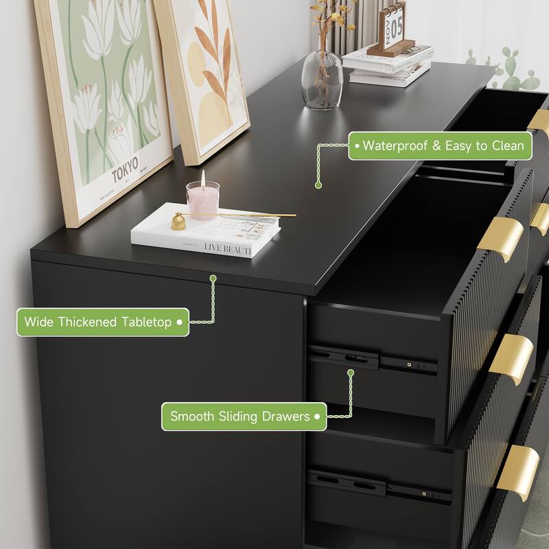 Gymojoy Fluted 6 Drawer Dresser with Gold Metal Handles, Modern Chest of Drawers for Living Room, Bedroom, Apartment