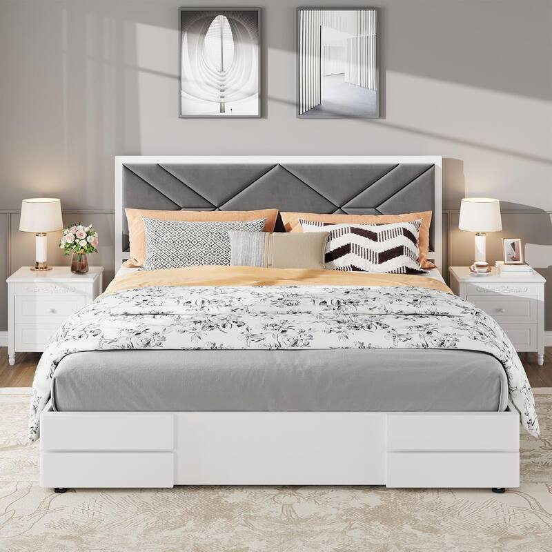 Wooden Bed Frame with Fabric Upholstered Headboard - Full