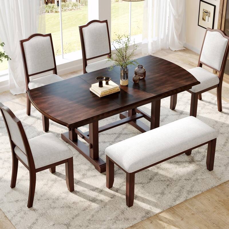 Rustic Dining Table Set - 6-Piece with Removable Leaf, 4 Chairs + 1Bench - Cherry - 1 Table + 4 Chairs + 1 Bench