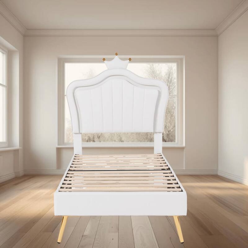 Twin Size Upholstered Platform Bed Frame with Crown Headboard and LED Lights, A Princess Dream for Kids, Bedroom Furniture - White - Twin