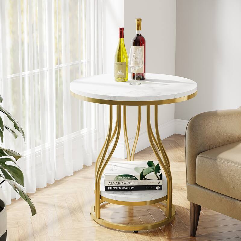 Round Side Table White Gold End Table 2-Tier End Table Modern Bedside Table Small Side Table with Storage for Living Room