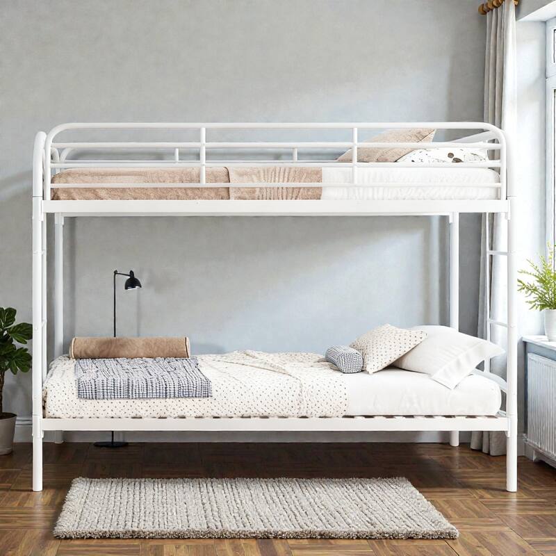 Metal Twin Over Twin Bunk Bed with 2 Ladders, Heavy-Duty Iron Frame, Full-Length Guardrails, No Box Spring Needed - White - Twin