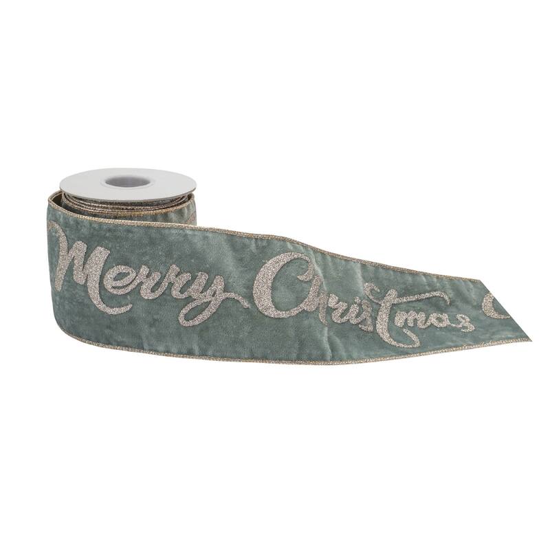 HomeRoots 4" Green And Gold Glittered Merry Christmas Wired Ribbon