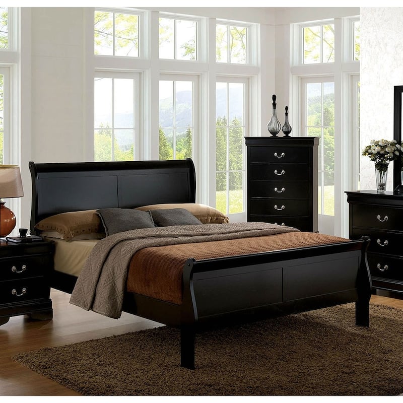 Queen Size Black Sleigh Bed - Solid Wood Contemporary Bedroom Furniture