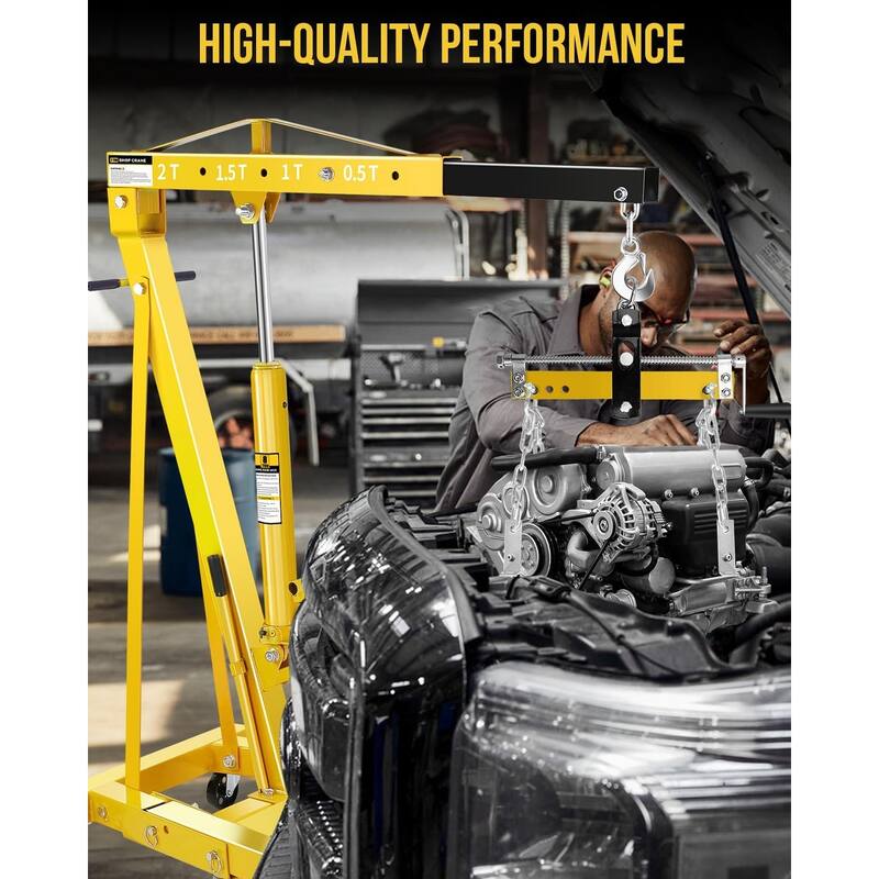 2-Ton Shop Crane, Hydraulic Folding Engine Hoist w/6 Steel Casters - Yellow with Lever