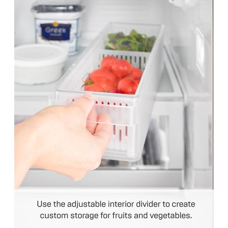 Yamazaki Home Refrigerator Colander with Lid and Divider, Plastic, Lid - L 4.33 x W 14.76 x H 3.35 inches