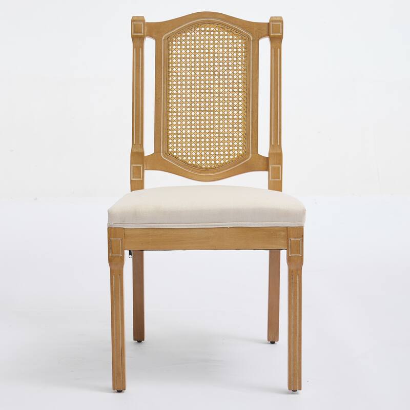 Linen Upholstered Dining Chairs Set of 2, Solid Wood Kitchen Side Chairs, Armless Lounge Chair with Rattan-Back - Beige