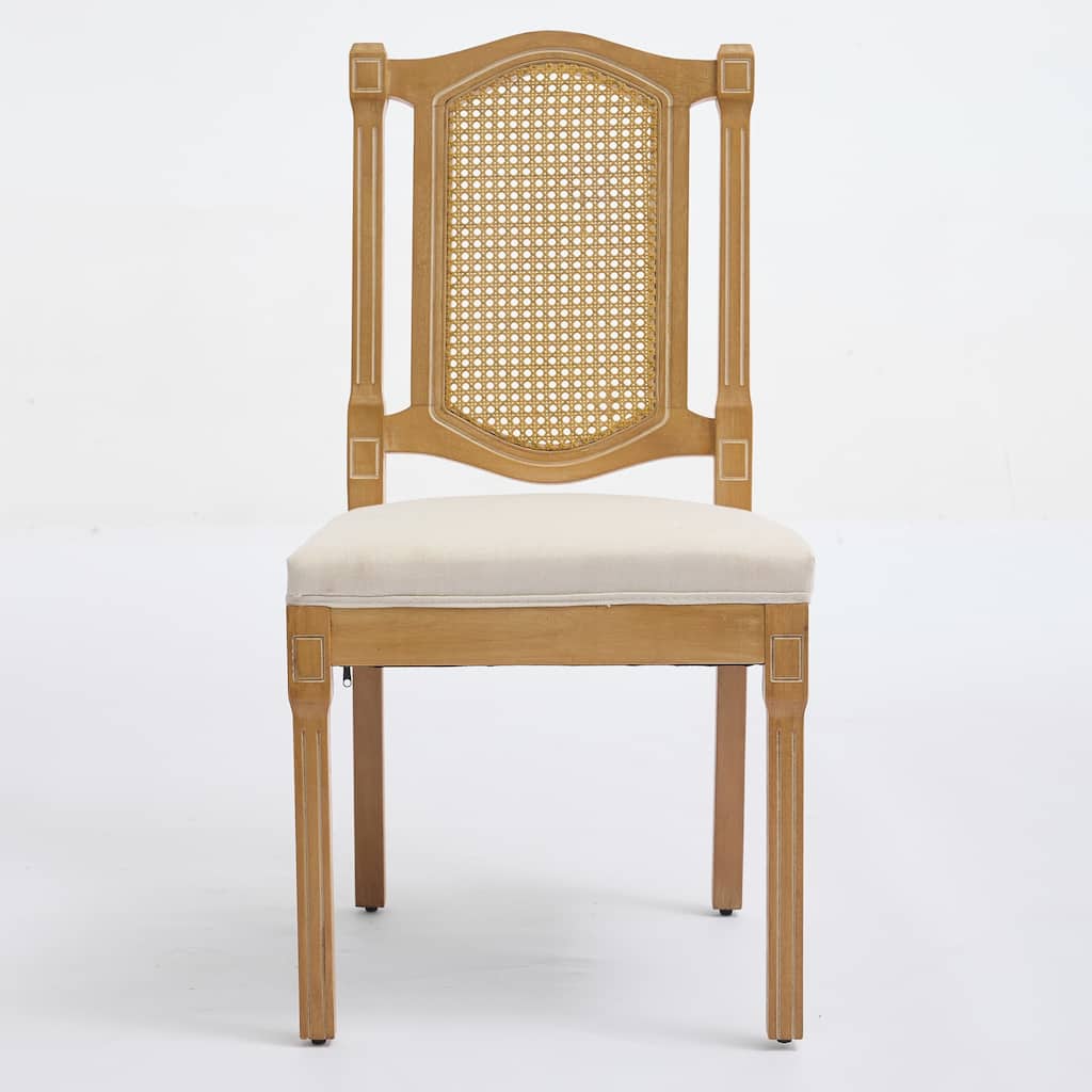 Linen Upholstered Dining Chairs Set of 2, Solid Wood Kitchen Side Chairs, Armless Lounge Chair with Rattan-Back
