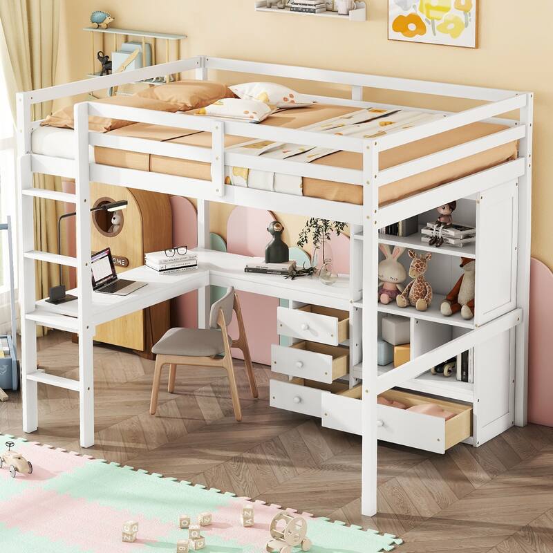 Full Size Loft Wood Bed with Desk, Storage Shelves, Drawers, and Built-in Ladder, White