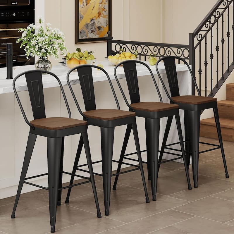 Counter Stools with Metal Frame Counter Height Bar stools with High Back 24" Kitchen Bar Furniture Stools with Wooden Seat - Black - Set of 4