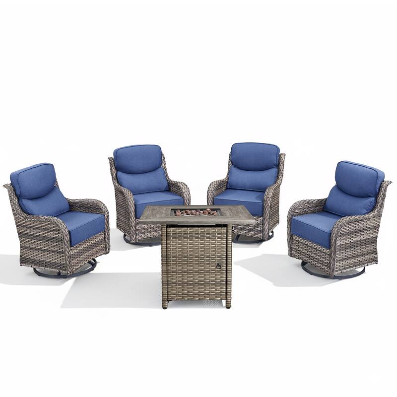 Arcadia 5-Piece Patio Conversation Set with 4 Swivel Glider Chairs and Wicker Square Fire Pit