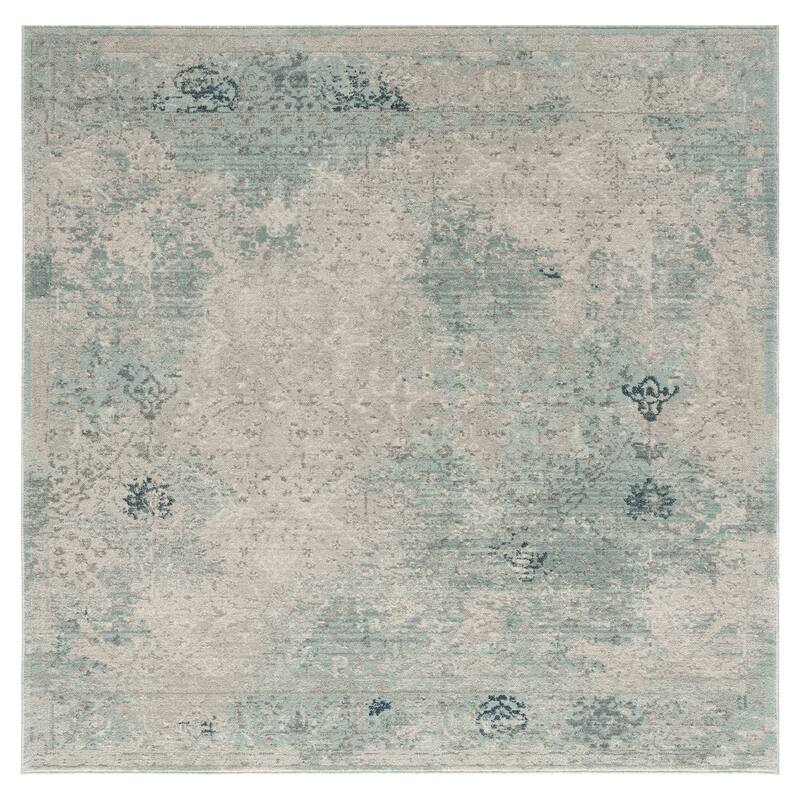 Porch & Den Hofer Distressed Blue and Beige Abstract Geometric Area Rug - 6' Square - Abstract Sky