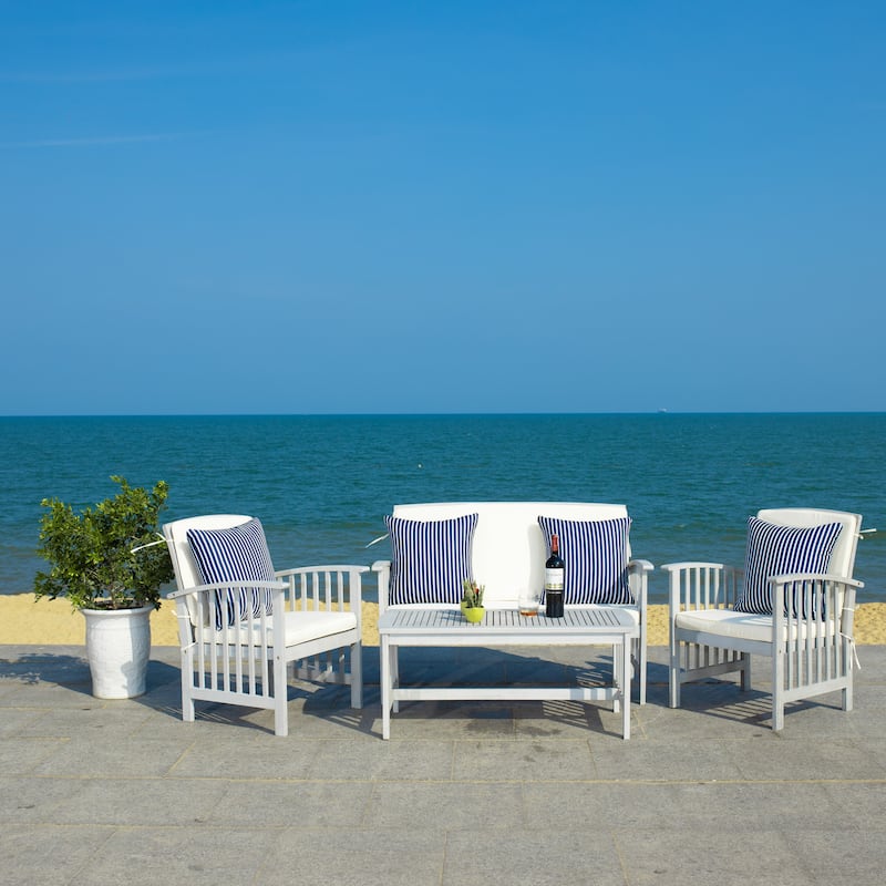 SAFAVIEH Outdoor Rocklin 4-piece Conversation Patio Set - Grey/Beige + Thin Stripe Pillow