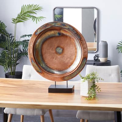 Copper Metal Large Weathered Disk Plate Decorative Sculpture with Elevated Black Stand