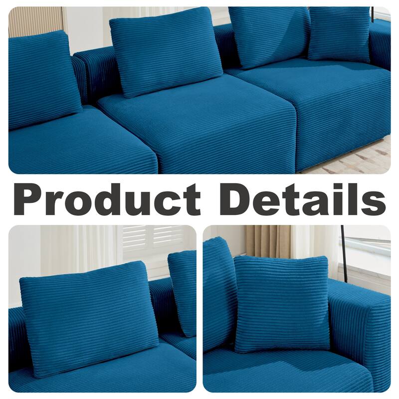 Corduroy Sectional Modular Sofa with Square Arms & Ottoman Extension for Flexible Arrangements