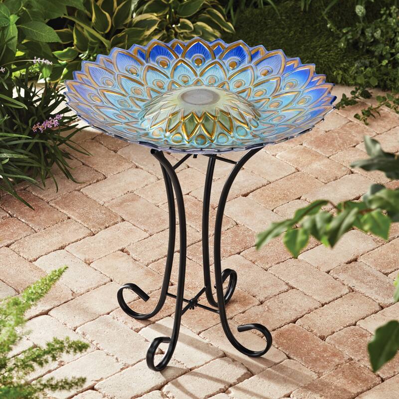 21" Blue & Brown Peacock Geometric Outdoor Glass Solar Bird Bath St&