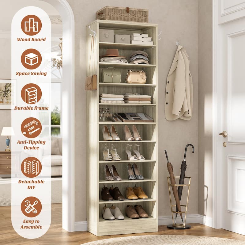 Freestanding 10-Tier Shoe Storage Cabinet,Narrow Wood Shoe Rack Shoe Organizer,Sturdy Closet Organizer Open Display Cabinet