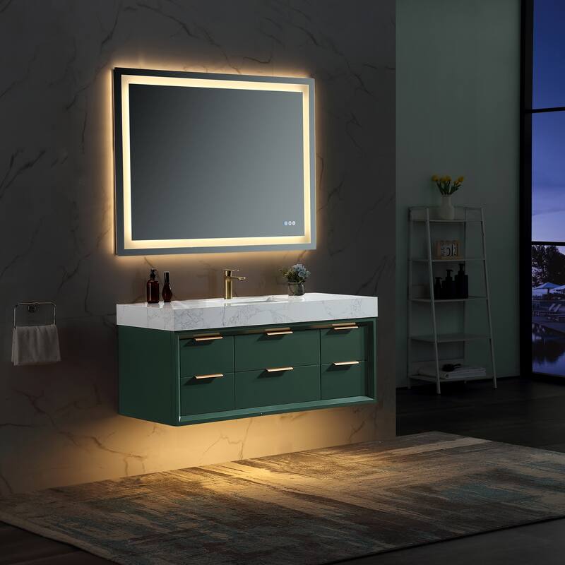 36/48/60 Modern LED Floating Bathroom Vanity with Single/Double Sink & Soft-Close Drawers & Waterproof, Green