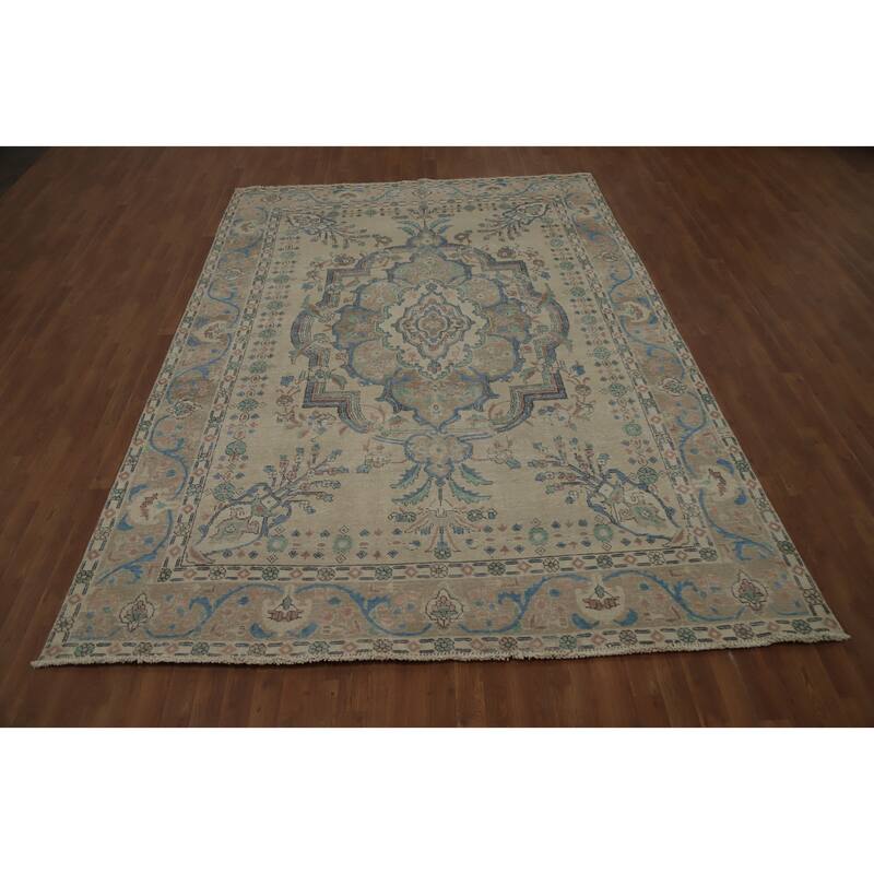 Hand Knotted Oriental 100% Wool Carpet Traditional Floral Beige & Ivories Tabriz Area Rug - 11' 0'' X 7' 10''