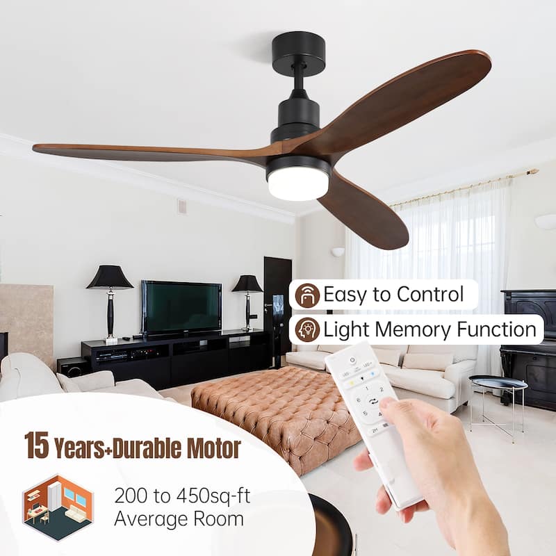 52"/60"/48" Noiseless Walnut Wood Ceiling Fan with Remote Control, Integrated Light Optional - 60"-B Ceiling Fan with Light