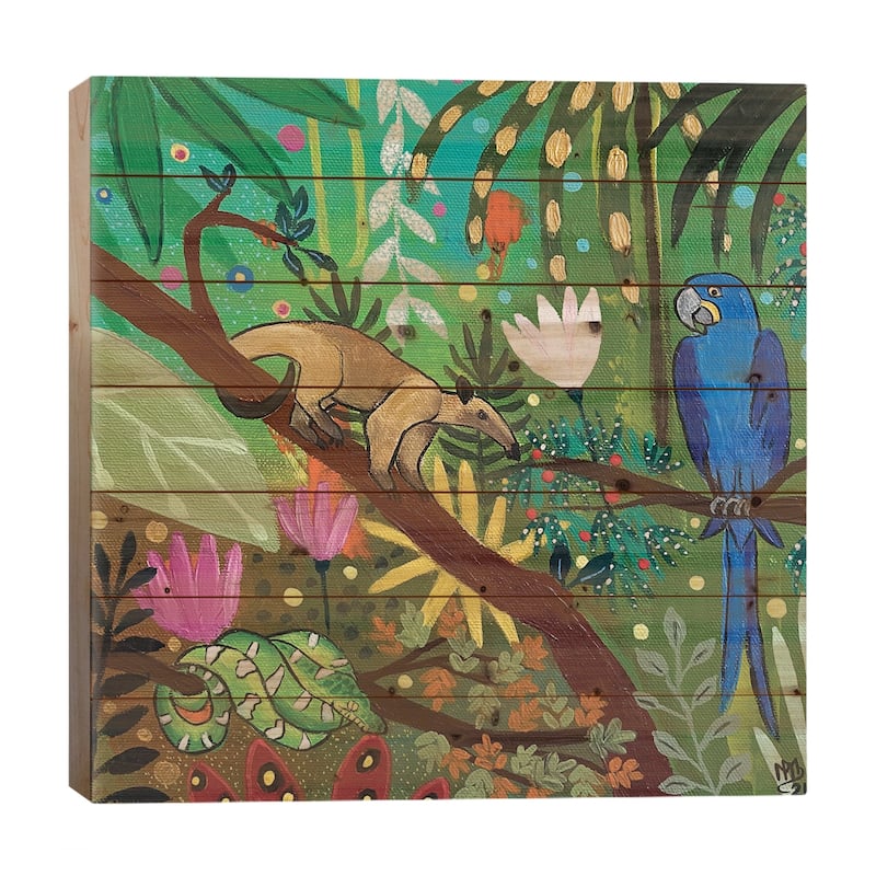 Anteater And Macaw Print On Wood by Magali Modoux - Multi-Color - 26x26x1.5
