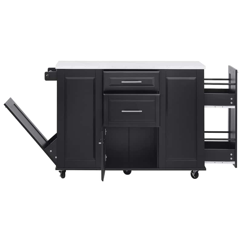 Marble Wood Top Dining Table, Rolling Kitchen Island withTilt Trash Can, Kitchen Cabinet with Drop Leaf Counter