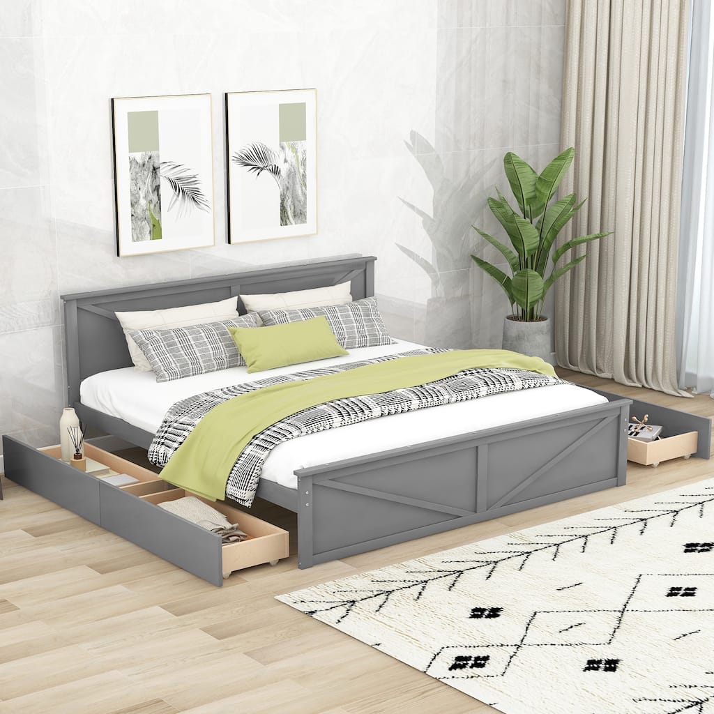 King Size Platform Bed with Four Storage Drawers and Support Legs