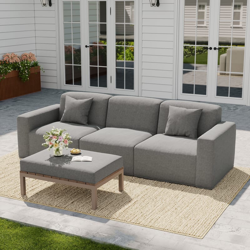 100" W No Assembly Outdoor Patio Modular Sofa with Coffee Table - Dark Grey