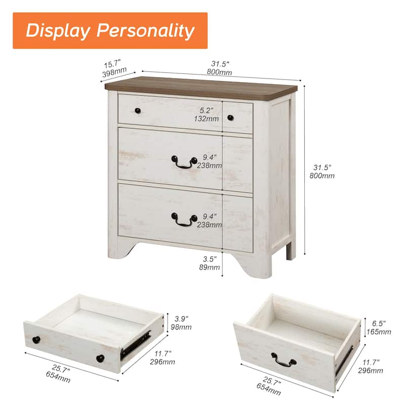 WAMPAT 3 Drawer Dresser for Bedroom, Dresser with Wide Chest, 31.5" White