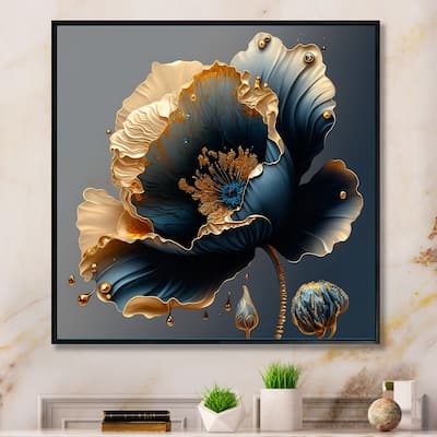 Designart "Deep Blue And Gold Single Flower IV" Floral & Botanical Framed Canvas Art Print