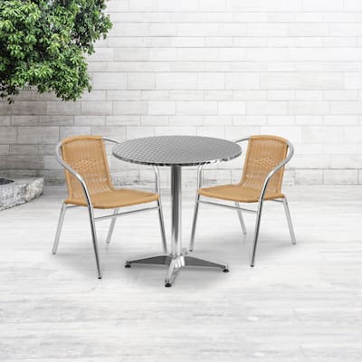 27.5'' Round Aluminum Indoor-Outdoor Table Set with 2 Rattan Chairs - 27.5"W x 27.5"D x 27.5"H - 27.5"W x 27.5"D x 27.5"H