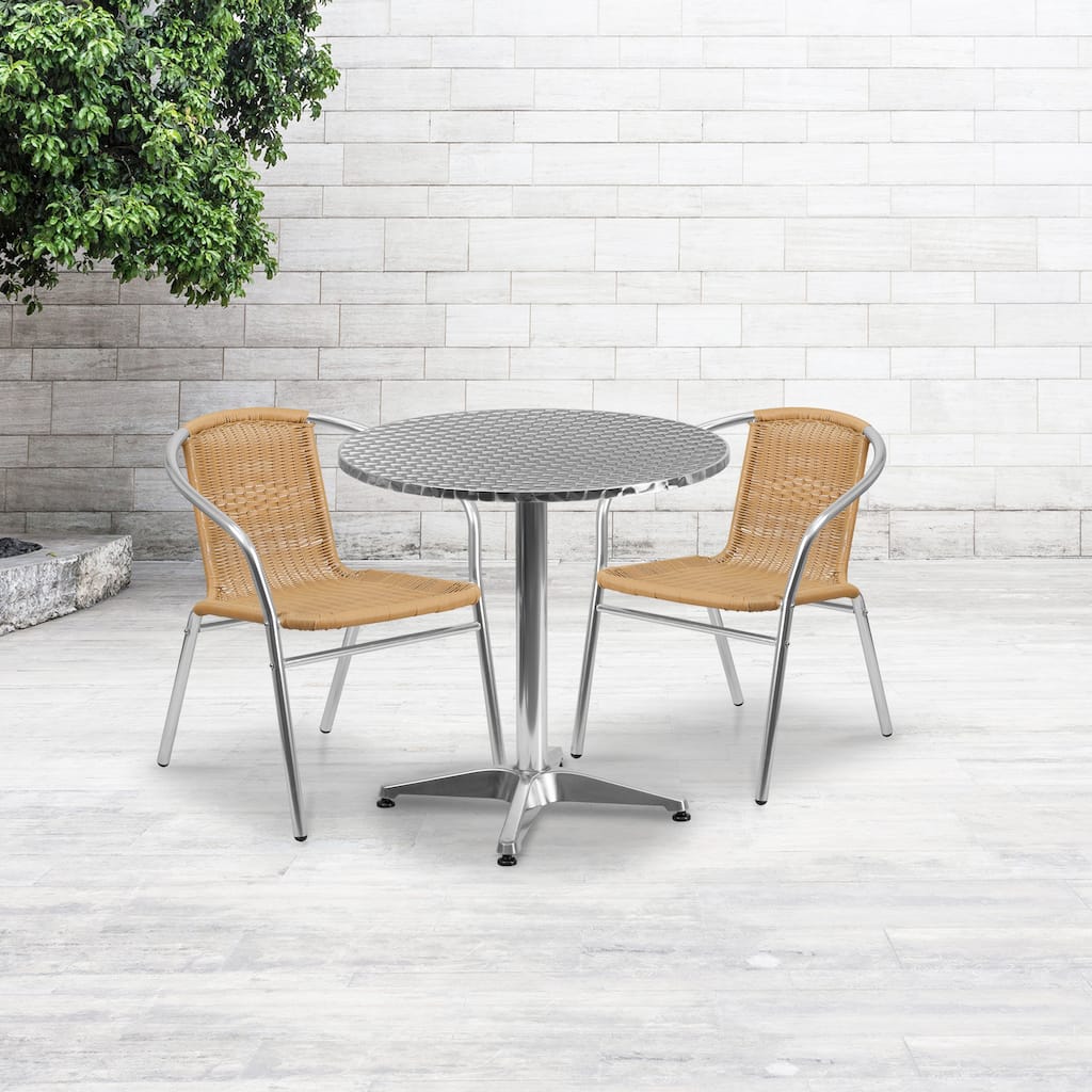 27.5'' Round Aluminum Indoor-Outdoor Table Set with 2 Rattan Chairs - 27.5"W x 27.5"D x 27.5"H - 27.5"W x 27.5"D x 27.5"H