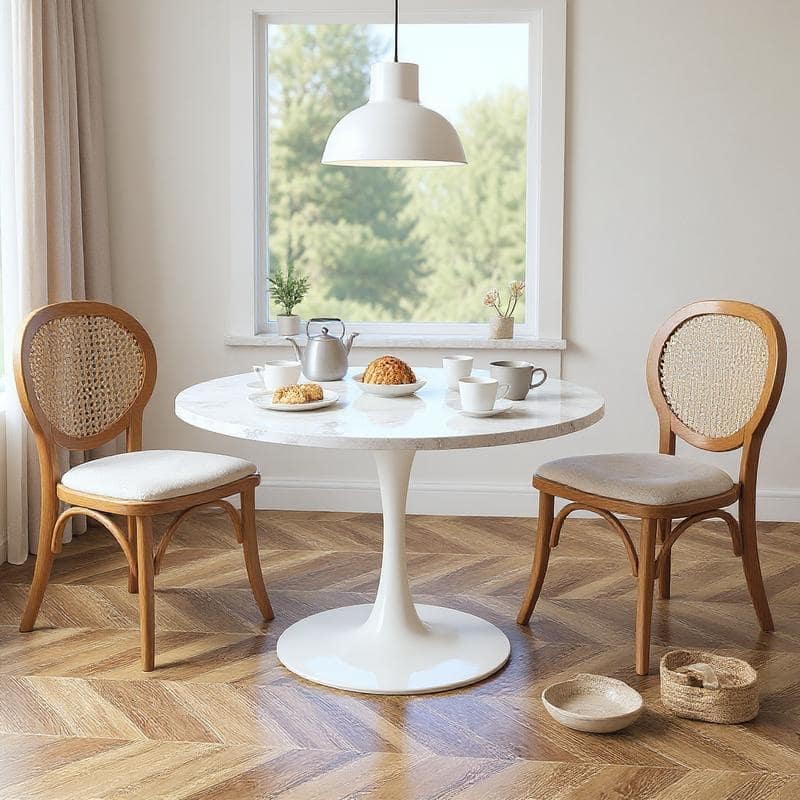 Grondin Mid-Century Modern Round Kitchen or Dining Table with Premium MDF Top and Steel Pedestal Base for Dining Room