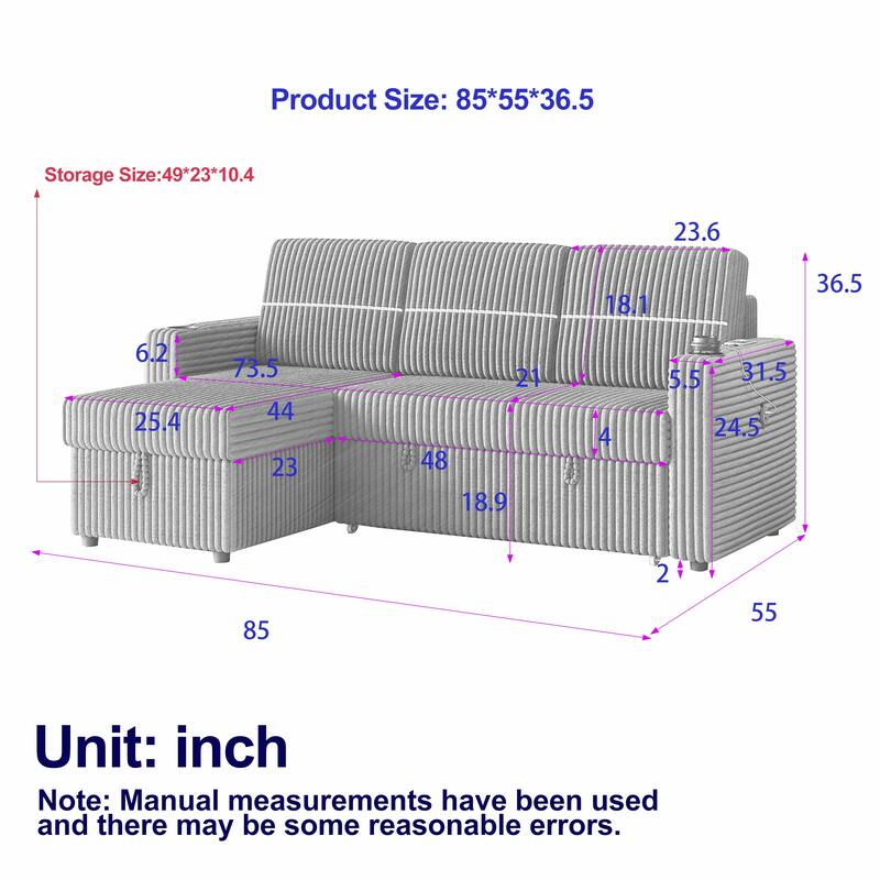 3-Seater Sleeper Sofa Bed with Corduroy Fabric, Storage Chaise, USB Charger, and Cup Holders