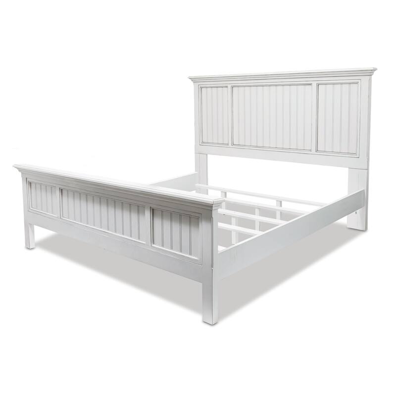 HomeRoots White Carved Geometric Distressed Solid Wood King Bed Frame
