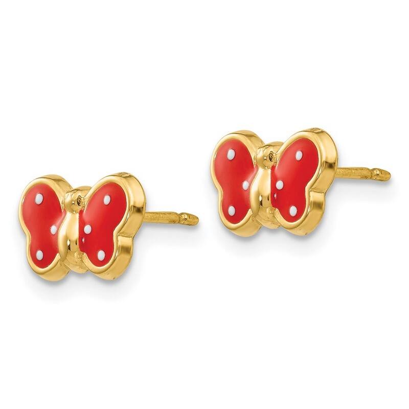 Curata 14k Yellow Gold Girls Red Enamel Butterfly Post Stud Earrings - 11x10mm