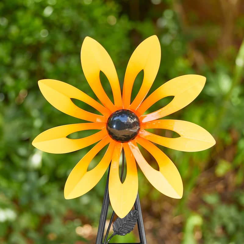 Glitzhome 44"H Glossy Painted Metal Yellow//Blue/Orange/Red Flower Wind Spinner Yard Stake