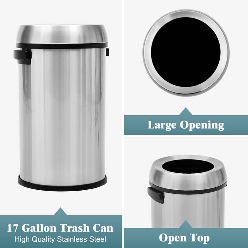 65L/17Gal Open Top Trash Can, Heavy Duty Stainless Steel Rubbish Bin