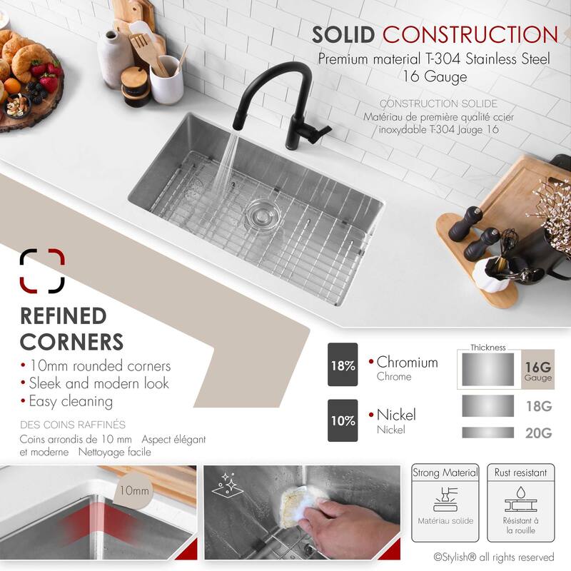 Undermount 32" Single-Bowl Stainless Steel Kitchen Sink S-323XG - 32" x 18" x 10"