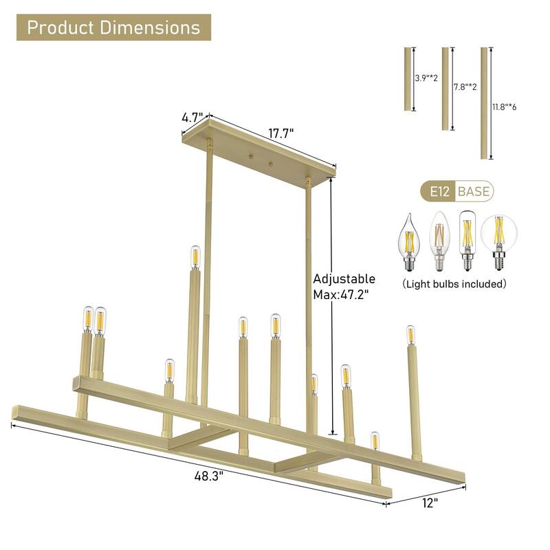 10 - Light Dimmable Modern Linear Kitchen Island Chandelier - 48.2 in